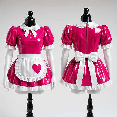Custom Handmade Lockable Hot Pink & White Heavy PVC Sissy Maid Dress with Heart Apron [G4081]