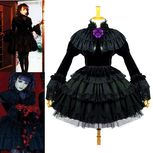 Elegant Gothic Lolita Black Velvet Dress with Layered Lace and Rose Detail [CK171]