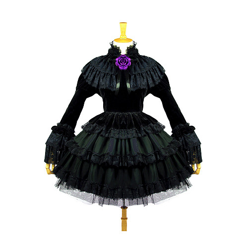 Elegant Gothic Lolita Black Velvet Dress with Layered Lace and Rose Detail [CK171]
