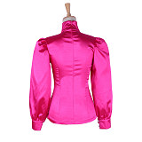 Lockable Hot Pink Satin High-Neck Sissy Blouse with Puff Sleeves – Glossy Crossdressing Top [G1651]