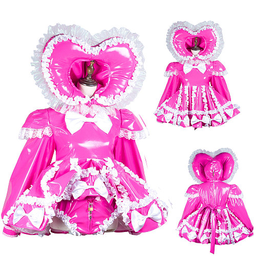 Hot Pink Thin PVC Lockable Sissy Maid Dress with Heart Hood and Built-in Panty [G3728]