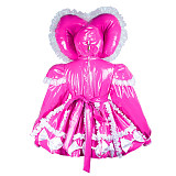 Hot Pink Thin PVC Lockable Sissy Maid Dress with Heart Hood and Built-in Panty [G3728]