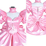 Handmade Lockable Pink Faux Leather Sissy Maid Dress with Corset & Puff Sleeves [G3997]