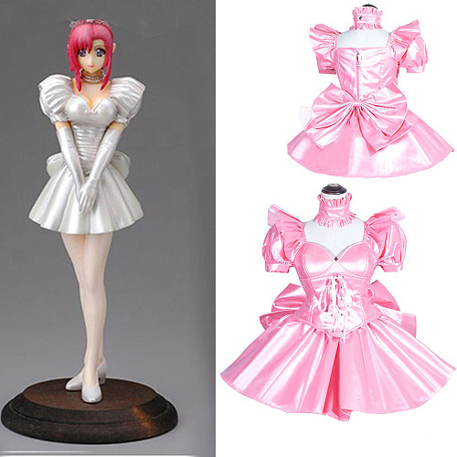 Handmade Lockable Pink Faux Leather Sissy Maid Dress with Corset & Puff Sleeves [G3997]
