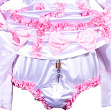 White and Pink Satin Lockable Sissy Maid Romper Dress with Heart Hood – Crossdressing Bodysuit [G3759]