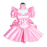 Handmade Lockable Pink Faux Leather Sissy Maid Dress with Corset & Puff Sleeves [G3997]