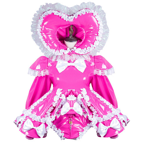 Hot Pink Thin PVC Lockable Sissy Maid Dress with Heart Hood and Built-in Panty [G3728]