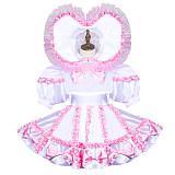 White and Pink Satin Lockable Sissy Maid Romper Dress with Heart Hood – Crossdressing Bodysuit [G3759]