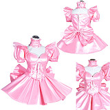 Handmade Lockable Pink Faux Leather Sissy Maid Dress with Corset & Puff Sleeves [G3997]