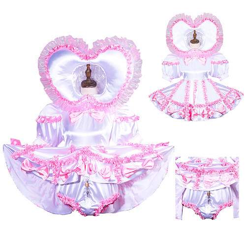 White and Pink Satin Lockable Sissy Maid Romper Dress with Heart Hood – Crossdressing Bodysuit [G3759]