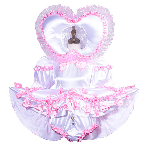 White and Pink Satin Lockable Sissy Maid Romper Dress with Heart Hood – Crossdressing Bodysuit [G3759]