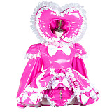 Hot Pink Thin PVC Lockable Sissy Maid Dress with Heart Hood and Built-in Panty [G3728]