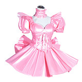 Handmade Lockable Pink Faux Leather Sissy Maid Dress with Corset & Puff Sleeves [G3997]