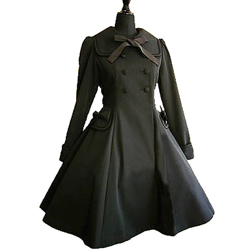 Black Gothic Lolita Double-Breasted Cotton Coat Dress with Bow [CK040]