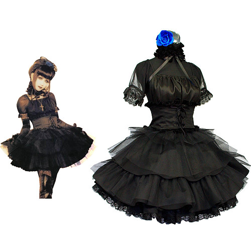 Visual Kei Gothic Lolita Black Satin Corset Dress with Layered Skirt [CK082]