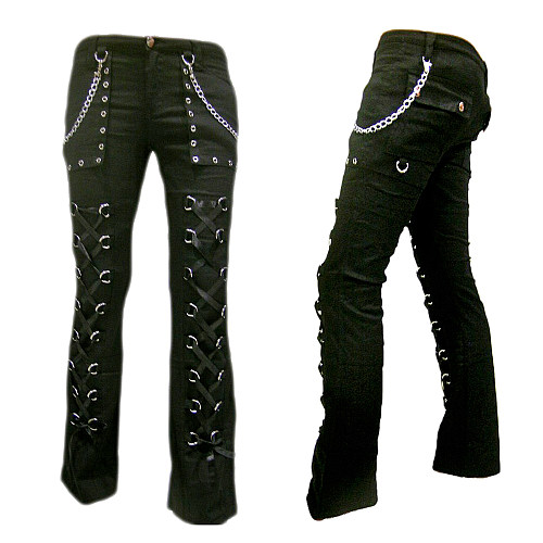 Visual Kei Black Cotton Pants with Chains and Lace-Up Strap Detail [CK115]