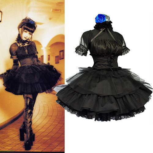 Visual Kei Gothic Lolita Black Satin Corset Dress with Layered Skirt [CK082]