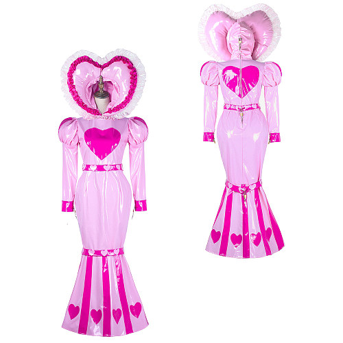 Lockable Heavy PVC Pink Sissy Dress with Heart Hood and Mermaid Skirt – Extreme Crossdressing Costume [G2339]
