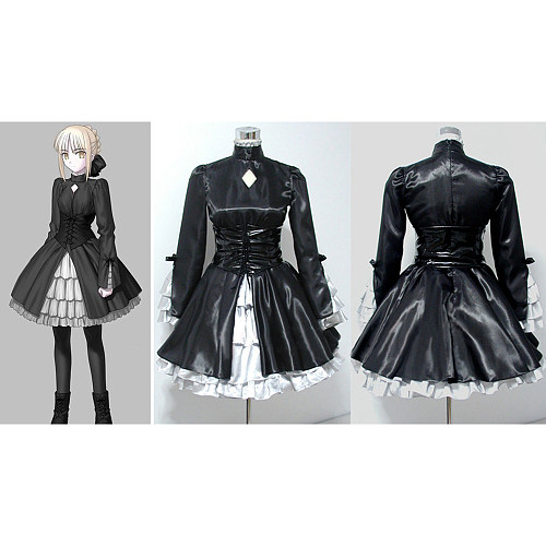 Saber Alter Black Satin Cosplay Dress with White Ruffles from Fate/kaleid liner [CK710]