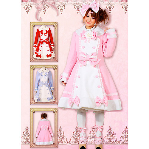 Sweet Lolita Winter Coat in Pink Woolen Fabric with Lace and Bows [CK1345]