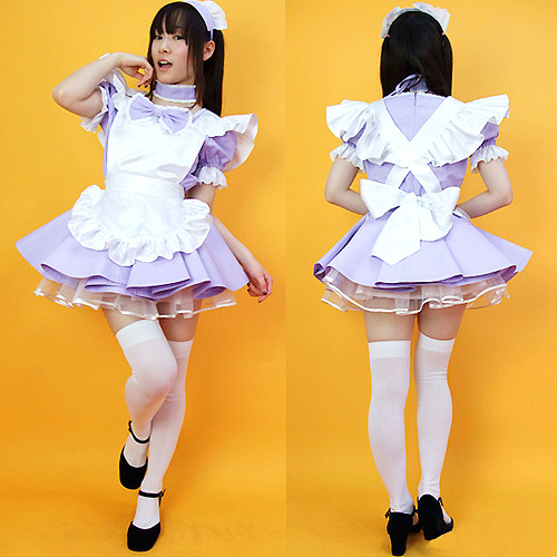 Lockable Lavender Cotton Ultra Short Sissy Maid Dress with White Apron – Handmade Crossdressing Costume [G2222]
