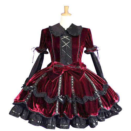 Gothic Lolita Dress in Wine Red Velvet with Lace Trim and Detachable Sleeves [CK751]