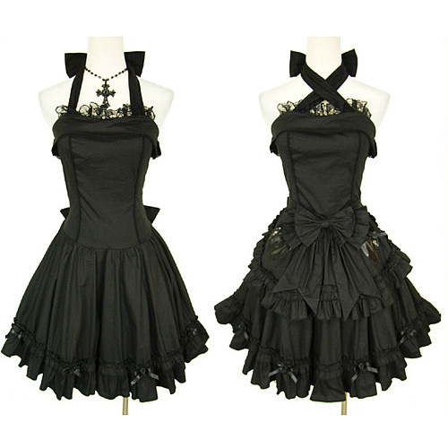 Gothic Lolita Dress in Black Cotton with Ruffles and Halter Neck [CK675]
