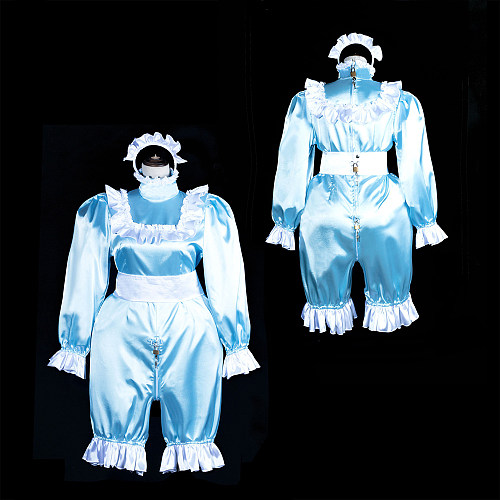 Lockable Blue Satin Sissy Romper with Ruffled Trim – Long-Sleeve Crossdressing Costume [G3842]