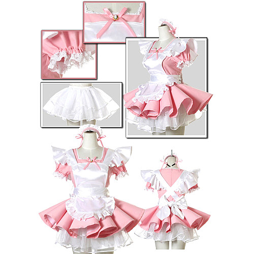 Lockable Pink and White Cotton Sissy Maid Dress with Apron – Handmade Lolita Crossdressing Costume [CK903]