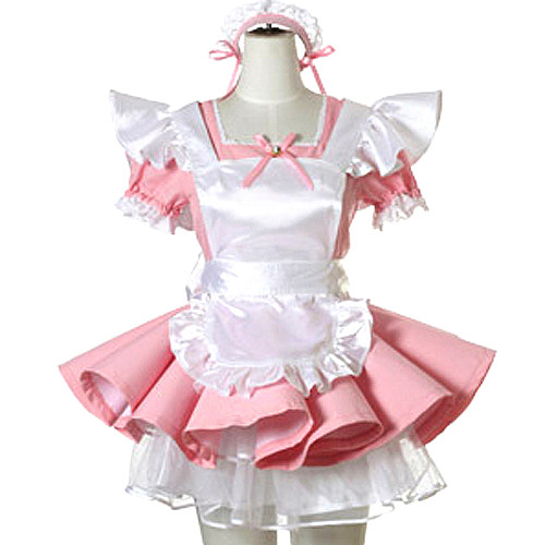 Lockable Pink and White Cotton Sissy Maid Dress with Apron – Handmade Lolita Crossdressing Costume [CK903]