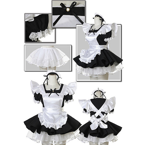 Lockable Satin Black and White Sissy Maid Dress– Handmade Crossdressing Costume [CK902]