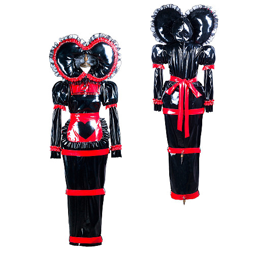 Black and Red Heavy PVC Lockable Sissy Dress with Heart Apron and Bonnet [G3741]