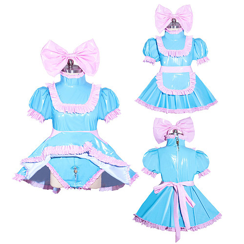 Blue and Pink Thin PVC Lockable Sissy Baby Dress with Apron and Matching Panty [G3967]