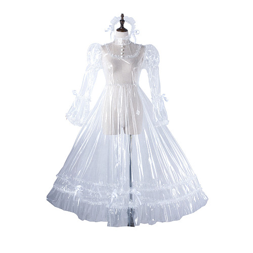 Clear PVC Lockable Long Transparent Sissy Gown with Frills and headpiece [G2210]