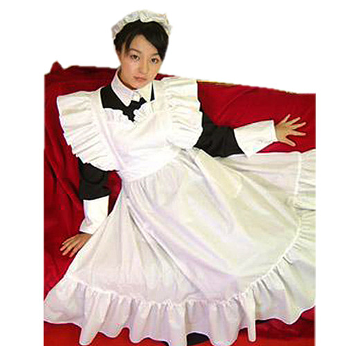 Long Black and White Cotton Lockable Sissy Maid Dress with Frilled Apron [CK1238]