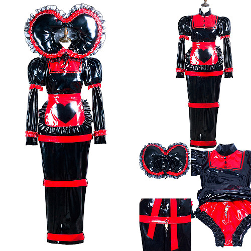 Black and Red Heavy PVC Lockable Sissy Dress with Heart Apron and Bonnet [G3741]
