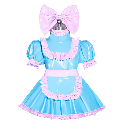 Blue and Pink Thin PVC Lockable Sissy Baby Dress with Apron and Matching Panty [G3967]