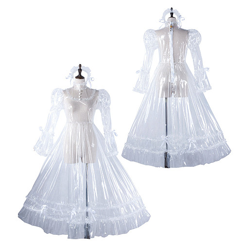 Clear PVC Lockable Long Transparent Sissy Gown with Frills and headpiece [G2210]