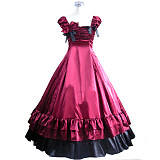 Rococo Gothic Wine Red & Black Satin Corset Top and Skirt Set – Court Cosplay Dress [CK1376]