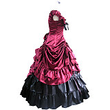 Rococo Gothic Wine Red & Black Satin Corset Top and Skirt Set – Court Cosplay Dress [CK1376]