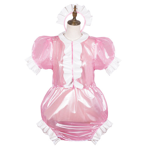 Clear Pink PVC Lockable Sissy Baby Romper with Frills and Matching headpiece [G3781]