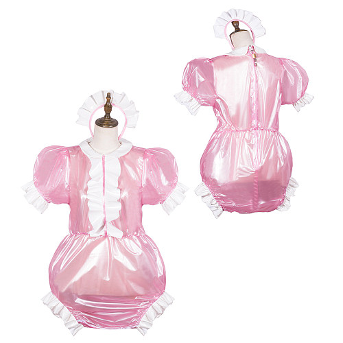Clear Pink PVC Lockable Sissy Baby Romper with Frills and Matching headpiece [G3781]
