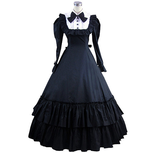 Victorian Black Cotton Long Sleeve Dress with White Chest Ruffle & Bow – Transformation Cosplay Gown [CK1403]