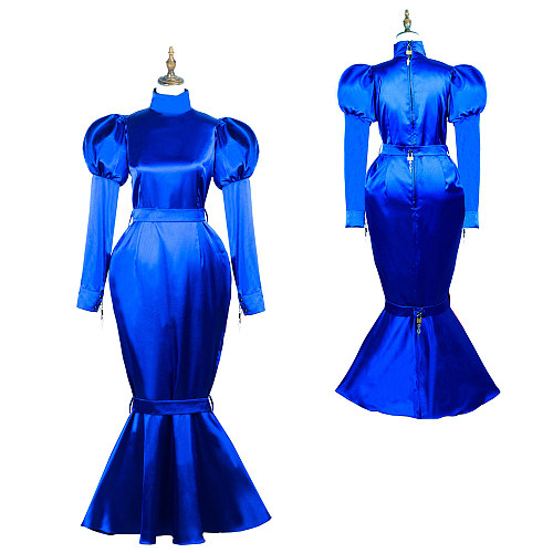 Electric Blue Satin Mermaid-Style Lockable Gown with Puff Sleeves [G3722]