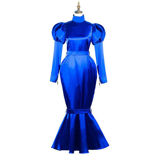 Electric Blue Satin Mermaid-Style Lockable Gown with Puff Sleeves [G3722]