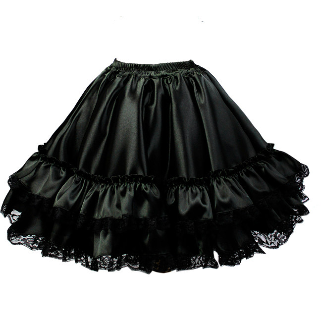 Black Satin Petticoat Skirt with Ruffles & Lace Trim [T4]