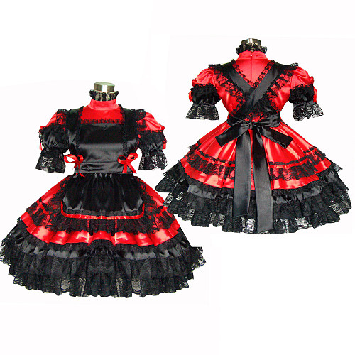 Red & Black Satin Sissy Maid Dress – Lockable with Optional Petticoat [G359]