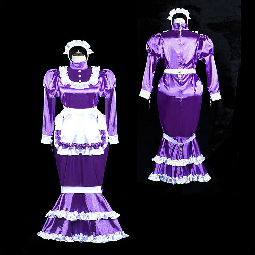 Purple Satin Lockable Bondage Mermaid Sissy Maid Dress with White Apron and Headpiece [G3843]