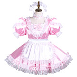 Pink Satin Lockable Sissy Maid Dress with White Apron, Lace Trim, and Headband [G3739]