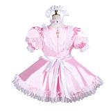 Pink Satin Lockable Sissy Maid Dress with White Apron, Lace Trim, and Headband [G3739]